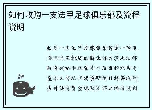 如何收购一支法甲足球俱乐部及流程说明